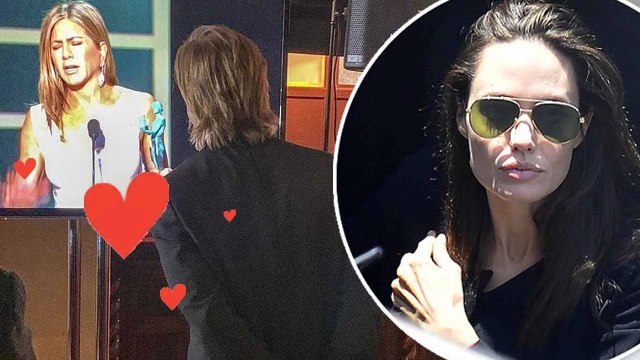 Angelina Jolie hides her emotions behind sunglasses as she looks at Brad Pitt and Aniston happy