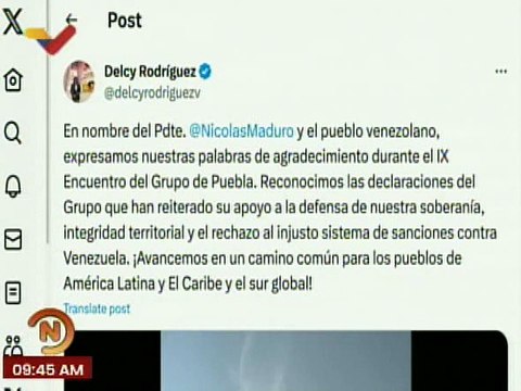 Vpdta. Delcy Rodríguez agradece al Grupo de Puebla por su apoyo a la soberanía de Venezuela