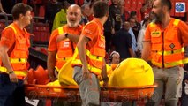 Nantes' mascot is taken away on a STRETCHER after being rugby tackled by his Rennes rival in bizarre scenes in Ligue 1