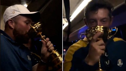 Rory McIlroy and Shane Lowry drink from Ryder Cup trophy as Team Europe teammates chant ‘USA is terrified’