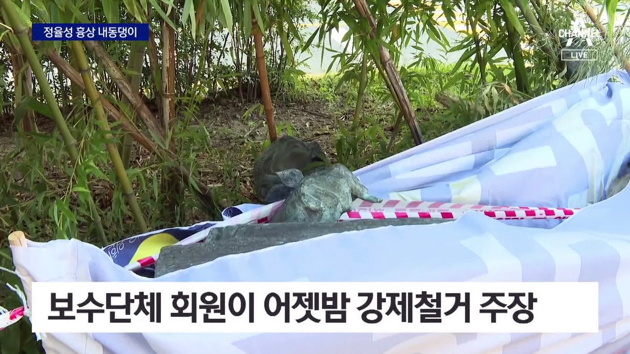 땅에 떨어진 ‘정율성’ 동상…보수단체 회원이 강제철거 주장