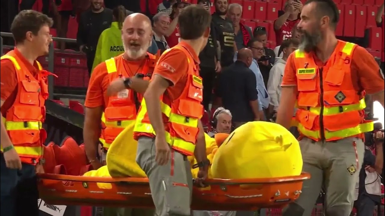 Nantes MASCOT stretchered off after being rugby tackled by Ligue 1 rival as costume’s head flies off