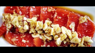 แซลมอนดอง สไตล์ญี่ปุ่น หอม นุ่ม ละลายในปาก | Captivating Salmon Sashimi with Tsuyu Sauce with Garlic
