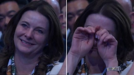 Gillian Keegan cries as Rishi Sunak shares his backstory in conference speech