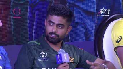 Pakistan captain Babar Azam speaks at captains day for the ICC Cricket World Cup 2023 in India