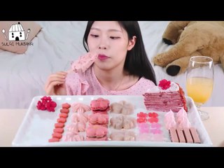 ASMR MUKBANG| Cherry blossoms Desserts(Edible Flowers, Songpyeon, Meringue cookies, Jelly, Cake).