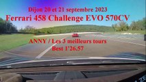 Ferrari 458 Challenge EVO 570CV / Dijon Prenois 20 et 21 septembre 2023 / Anny Frosio / Best lap 1'26.57