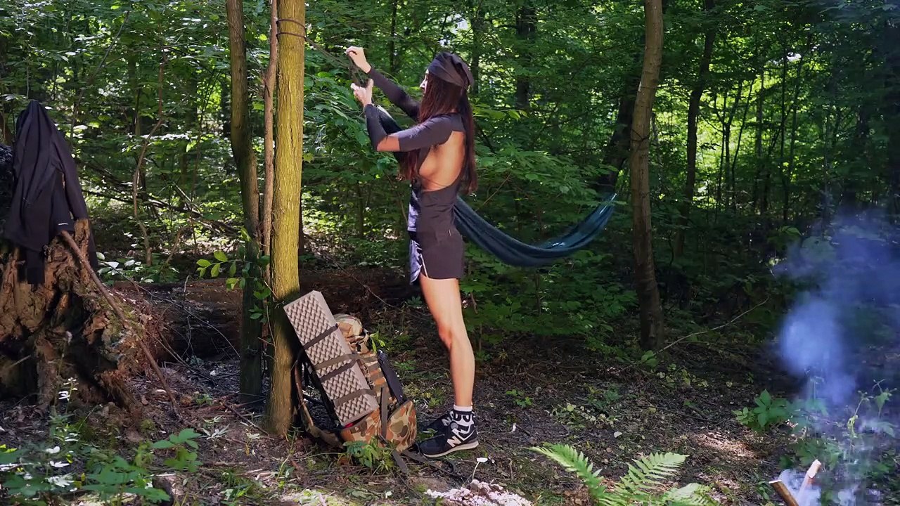 Mary sets up a campsite in the woods. Cooking asparagus and eggplant on the fire. Forest sounds ASMR