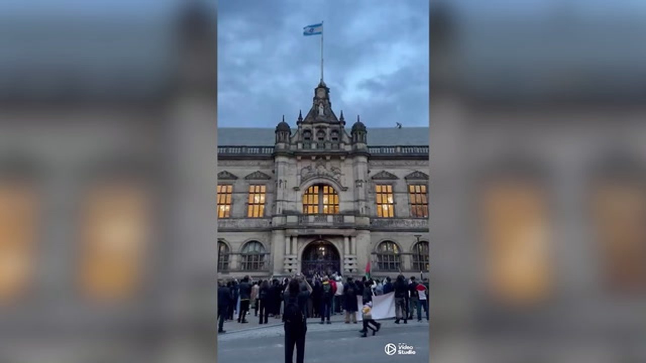 Pro-Palestine protesters scale town hall to tear down Israeli flag