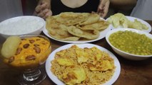 Eating Poori, White Rice, Chumchum & Carrot Halwa, Egg Noodles, Pappad Fry, Yellow Peas Curry | ASMR EATING | MUKBANG