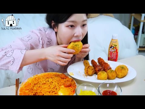 ASMR MUKBANG| Creamy Fire noodles, Croquette(Cheese, Egg, Sausage), Seasoned Chicken.