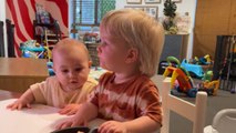 Hungry baby tries to steal the food from toddler brother's plate