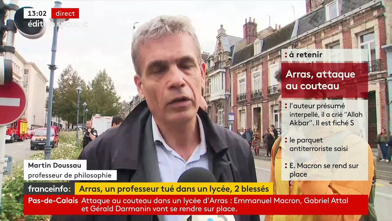 Attaque au couteau dans un lycée d’Arras - Un professeur de philosophie témoigne: "Armé de deux couteaux, l’agresseur m’a poursuivi. Il m'a demandé si j'étais prof d'histoire" - Regardez