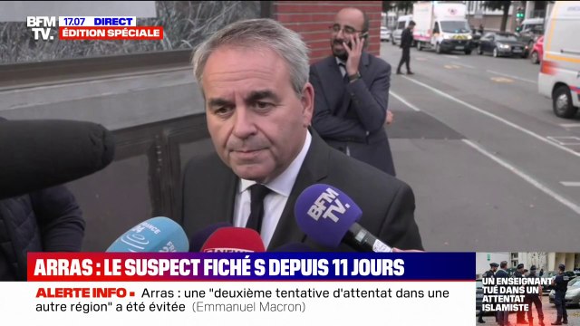 Xavier Bertrand sur l'attaque au couteau à Arras: La première des choses, c'est l'émotion, quelques jours avant le terrible anniversaire de l'assassinat de Samuel Paty