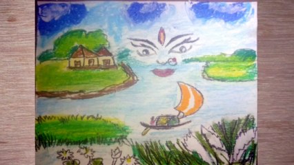 How to draw Durga Puja scenery step by step