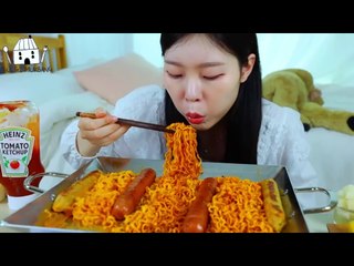 ASMR MUKBANG| Fire noodles, Fire ROSÉ noodles, Cheese Fire noodles, Handmade Sausage, Cheese stick.