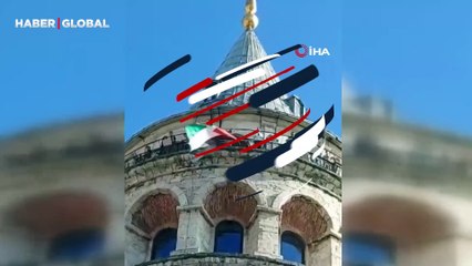 Galata Kulesi’nde destek amaçlı Filistin bayrağı açıldı