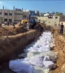 Octubre 16. 2023. Entierros en fosas comunes de víctimas palestinas asesinadas por Israel