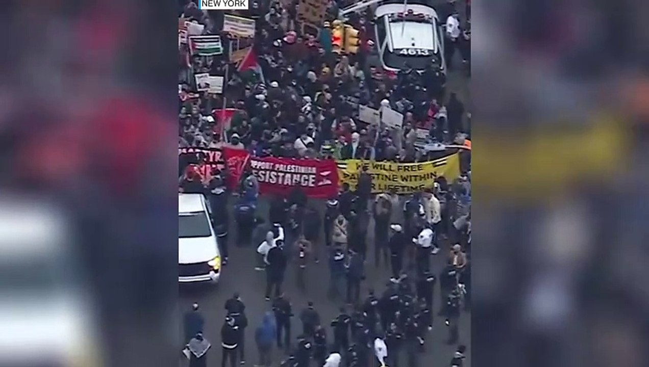 Thousands of demonstrators swarming the streets of Queens, New York, in support of Palestine