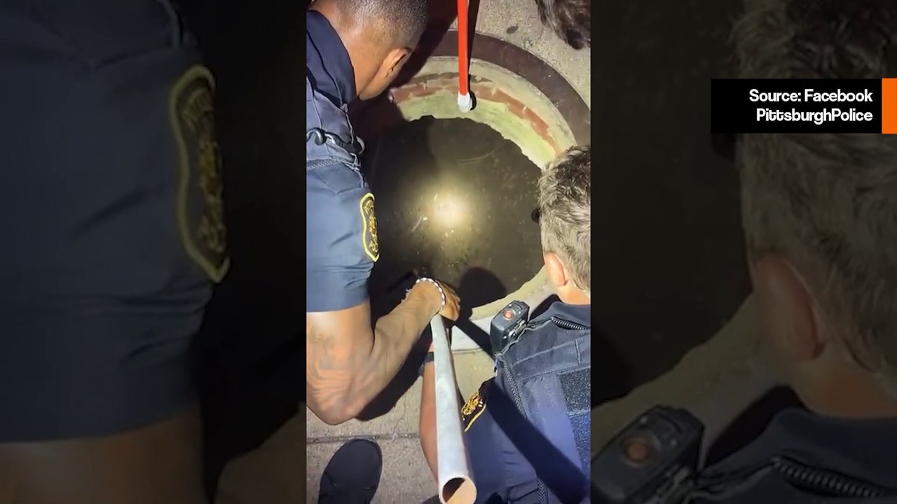 Polizisten helfen Paar, Verlobungsring zurückzubekommen, der in den Abwasserkanal gefallen war, mit improvisiertem Werkzeug.