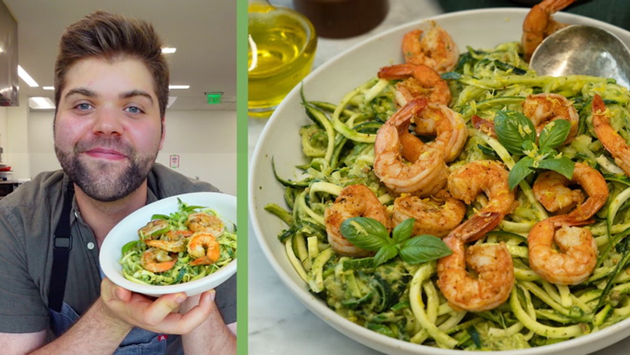 How to Make Zucchini Noodles with Avocado Pesto and Shrimp