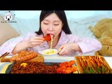 ASMR MUKBANG| Black bean noodles & Green onion Kimchi, Seasoned Chicken, Corn Cheese Fondue, Sausage