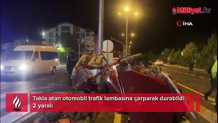 Nevşehir’de takla atan otomobil trafik lambasına çarparak durabildi