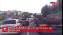 Üsküdar’da trafikte gergin anlar: Üzerine sürülen cipe kaskını fırlattı