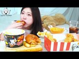 ASMR MUKBANG| Chicken Burger, Fire noodles, KFC Black Label Chicken, Long Cheese stick, Cheese sauce