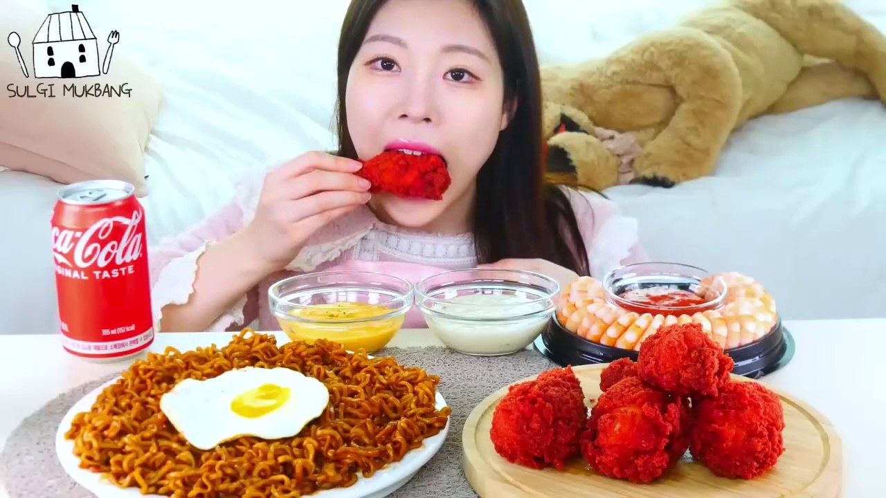 ASMR MUKBANG| Cheetos Chicken, Black bean noodles, Shrimp Rings, Coke.