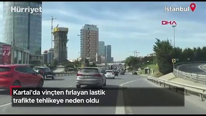 Kartal'da vinçten fırlayan lastik trafikte tehlikeye neden oldu