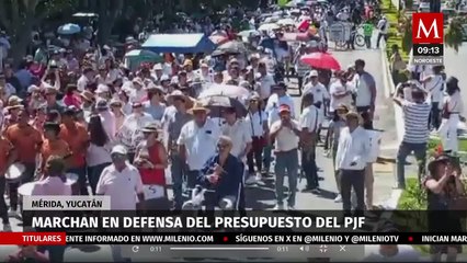 Sindicalizados en Mérida marchan en defensa del PJF; panistas se suman para hacer "bola"