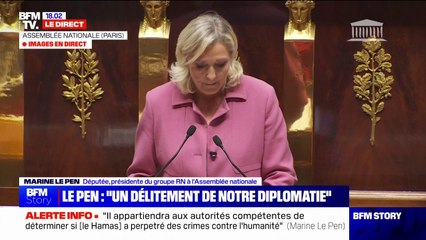 Israël/Hamas: Marine Le Pen (RN) critique la "folie promue par certains dans l'hémicycle" de l'Assemblé nationale qui "consiste à mettre un trait d'égalité entre un groupe armé terroriste et un état démocratique"