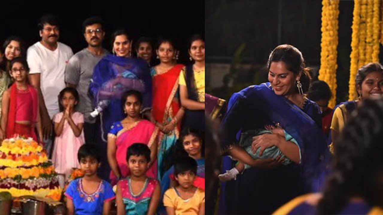 South Actor Ram Charan Upasana First Time Daughter klin kaara संग Celebrate किया Bathukamma Festival