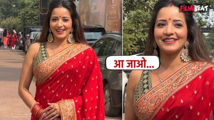 Monalisa लाल साड़ी, बिंदी और चूड़ियां पहनकर लगी बला की खूबसूरत, Durga Puja में पहुंची ऐसे, Video Viral