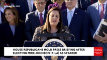 House Republican Leadership Holds Press Briefing After Electing Mike Johnson As Speaker Of The House