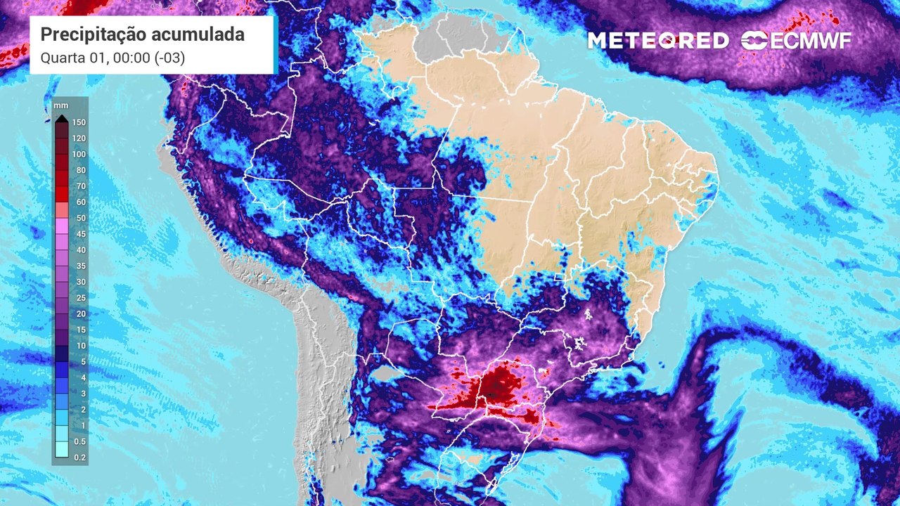 Previsão de acumulados totais de chuva até quarta-feira (01)