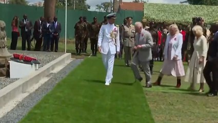 King Charles trips on fake grass at cemetery during visit to Kenya