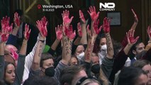 معترضان جنگ غزه با دست‌های آغشته به زنگ قرمز جلسه سنای آمریکا با حضور آنتونی بلینکن را مختل کردند