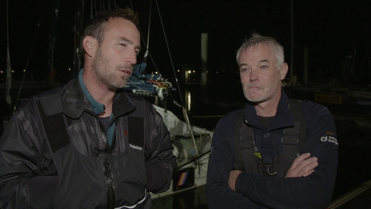 Transat Jacques Vabre Normandie Le Havre 2023 : MARDI 31102023 _ ARRIVEE PONTON AMARRIS - ITW ACHILLE NEBOUT  GILDAS MAHÉ