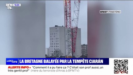 Download Video: Grue pliée, arbres déracinés, toits abîmés… les dégâts de la tempête Ciarán en Bretagne