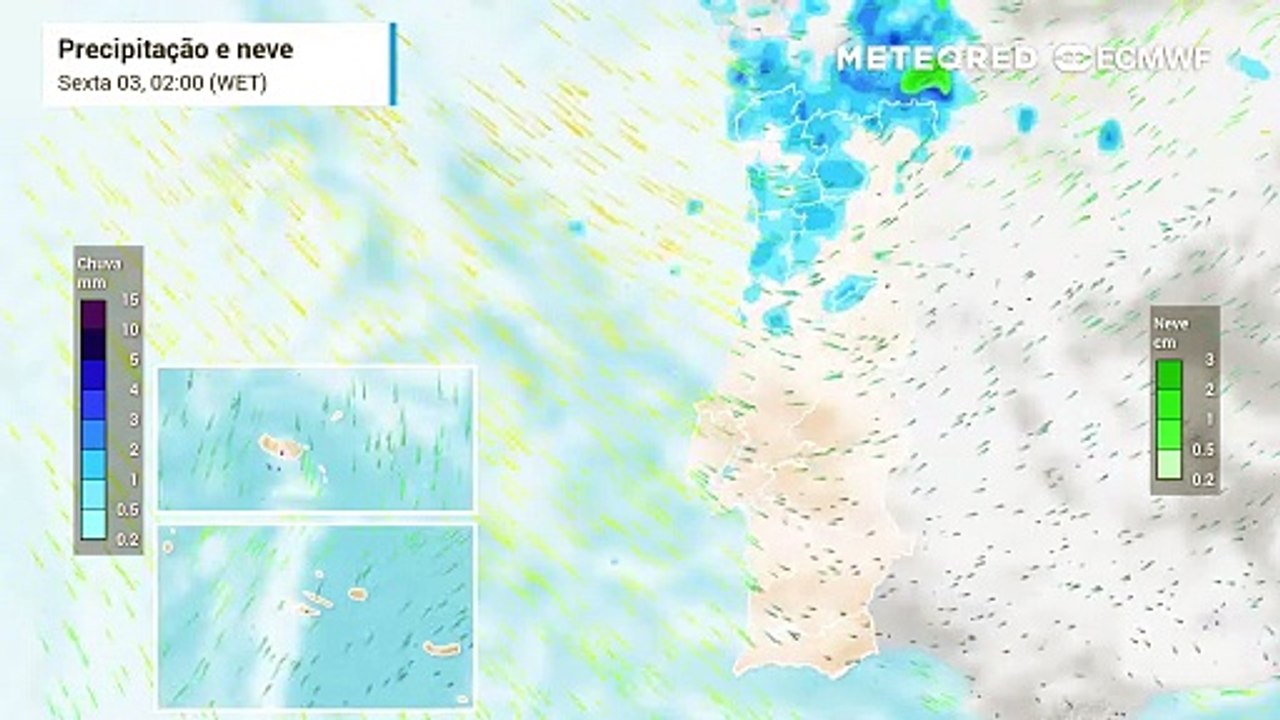 Vem aí a Depressão Domingos: eis a previsão da distribuição de chuva, neve e nebulosidade em Portugal nos próximos dias