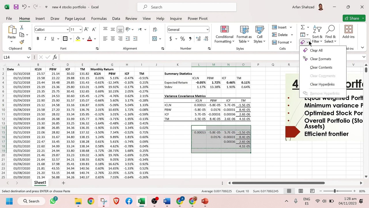 4 stocks Portfolio equal weighted portfolio minimum variance portfolio optimized portfolio random weight portfolio and efficient frontier in excel | learn step by step in excel in urdu