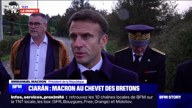 Emmanuel Macron sur la tempête Ciarán: Je veux d'abord avoir une pensée pour les familles des deux compatriotes qui sont décédés