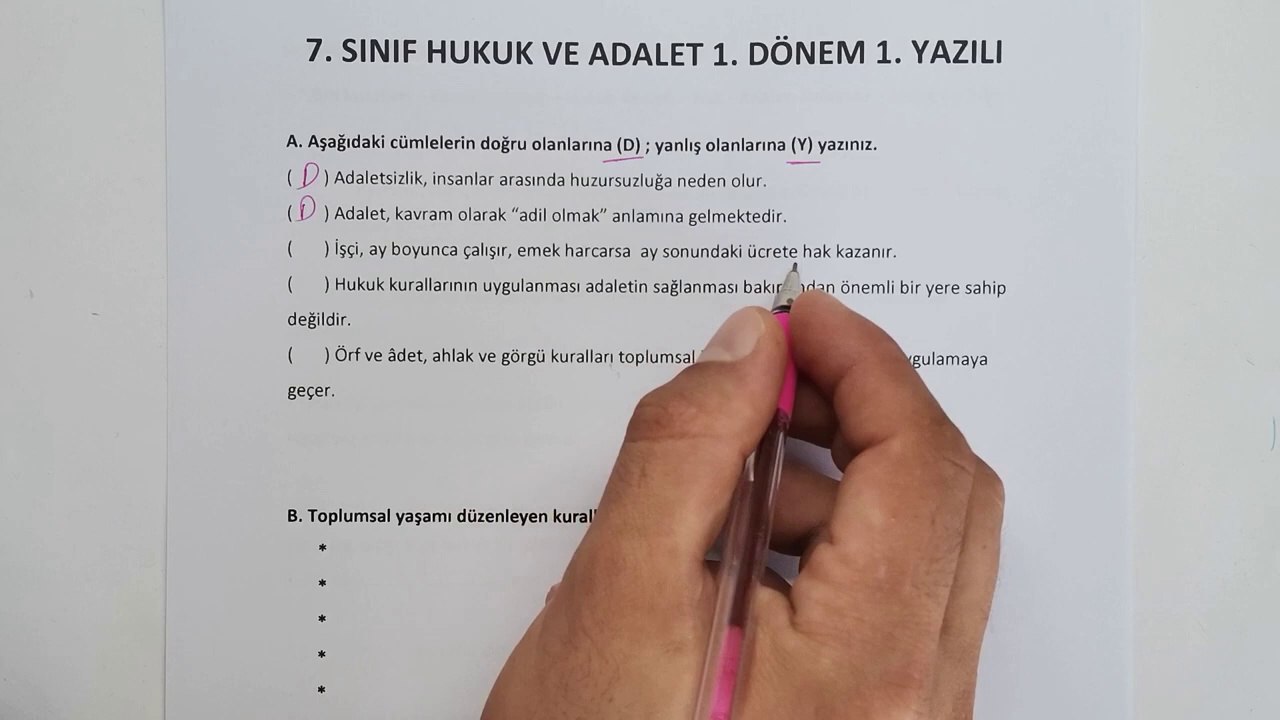 7.Sınıf Hukuk ve Adalet 1.Dönem 1.Yazılı Soruları ve Çözümü #2023