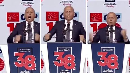 CHP'li Abdullah Şahin, mikrofonu kapatılınca sahnede zıplayarak elindeki kağıtları yere attı