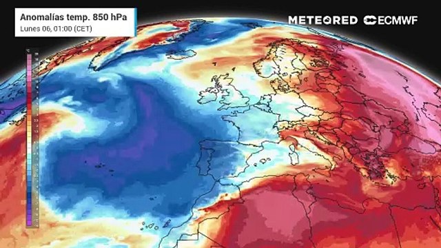 Anomalías de temperaturas previstas en 850 hPa (1.500 m aprox.)