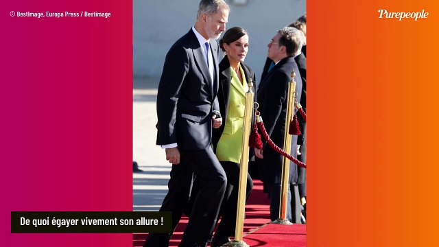 Letizia d'Espagne : Blazer flashy et boucles hors de prix pour son voyage au Danemark avec Felipe