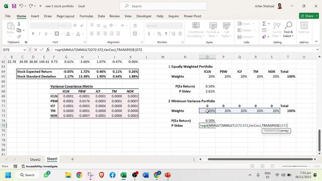 Creating Five Stock Portfolios in Excel | Equal Weighted, Minimum Variance, Optimized, Five Stocks Portfolio Equal Weighted Portfolio Minimum Variance Portfolio Optimized Portfolio Random Weight Portfolio Efficient Frontier In Excel Stock Prices I11