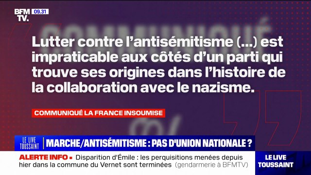Marche contre l'antisémitisme: LFI annonce ne pas participer au rassemblement aux côtés d'un parti qui trouve ses origines dans l'histoire de la collaboration avec le nazisme